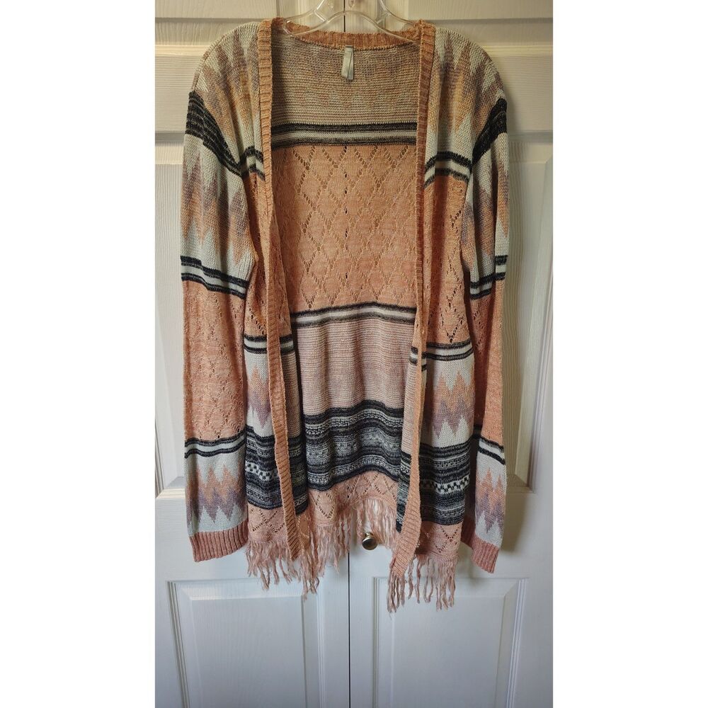 Vanity Boho Geometric Open Front Cardigan XL Peach Pink Cream Fringe Sweater
